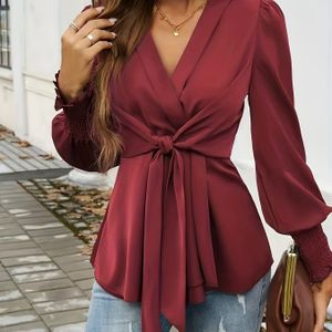 Elegante V-hals Lange Mouw Blouse voor Dames - Kleur, Geweven Polyester, Strikdetail, Volwassen Lente/Herfst Collectie