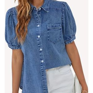 Dames Casual Denim Shirt met Ruffle Mouwen - Button-Up, Non-Stretch Stof, Asymmetrische Plak, Korte Lantern Mouwen, Perfect voor Lente/Zomer, Casual Attire|Ruffle Sleeve Top|Nonstretch