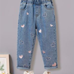 Meisjes Casual Denim Broek met Hartjesprint en Elastische Taille voor Lente en Herfst