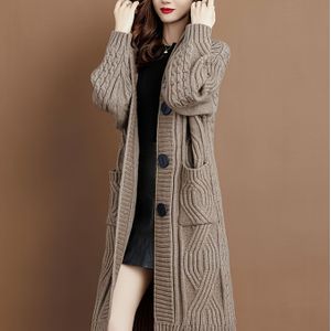 Lang mouw gebreide cardigan trui met kap - Herfst/Winter verdikte oversized kleur pullover met zakken, acryl materiaal, lange lengte, losse pasvorm