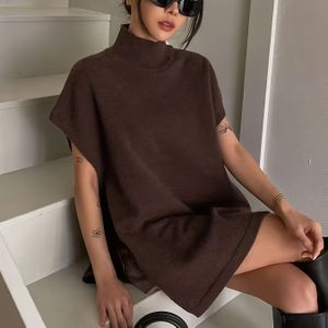 Vrouwen Elegante Mouwloze Vest - Hoge Nek Bruine Pullover Top, Regular -Season Veelzijdig Casual & Formeel , Zijspuimontwerp, Verfijnd