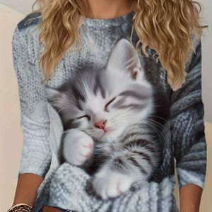 Dames Schattige Tabby Kitten Print Lange Mouw T-Shirt - Zachte Ronde Hals Trui-Stijl Top met Slapende Kat & Getinte Pootjes, Knusse /Herfst Blouse voor Kattenliefhebbers (Wasbaar in de Machine)
