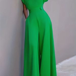 Effenkleurige V-hals jumpsuit, casual korte mouw wijde pijpen jumpsuit voor lente en zomer, dameskleding