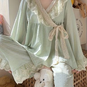 Prinsessenstijl Pyjama Set Japanse Dames Herfst en Winter Lange Mouwen Top + Broek Tweedelige Set Schattige Kant Kant Nieuwe Thuis Kleding