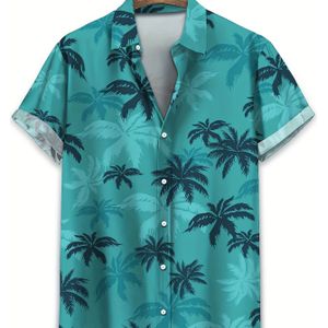 Coconut Tree Print Men's Summer Fashionable And Simple Short Sleeve Button Casual Lapel Shirt, Trendy And Versatile, Suitable For Dates, Beach Holiday, As Gifts