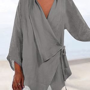 Dames Casual V-hals Blouse met Tie-Front Detail - Losse Pasvorm, Off-Shoulder Ontwerp, Lichtgrijs, Perfect voor Buiten, Casual Kleding|V-hals Blouse|Gebonden Blouse