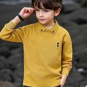 Jongens Casual Trui met Geborduurd Logo - Lange Mouwen, Knoopsluiting Pullover voor Lente/Herfst, Donkergeel, Regular Fit, Buitenkleding, Herfstlaagstuk, Borduurdetails, Duurzaam Stof
