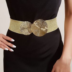 Gouden Ronde Gesp Brede Riem Klassiek Kleur Elastische PU Tailleband Elegante Jurk Mantel Gordel Voor Vrouwen dagelijks gebruik
