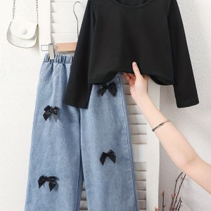 Meisjes 2-delige Set Lange Mouw Kleur Korte Top en Rechte Pijpen Jeans Broek Herfst Winter Outfit Terug naar School Kleding, Perfect voor Buitenactiviteiten, Casual Kleding