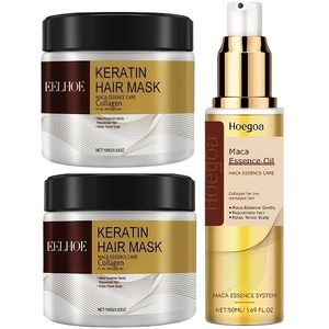 3-delige set Collage Haar Masker en Marokkaanse Arganolie Essentie Set - Diepe Zorg, Geschikt voor Alle Haartypes Vochtigheid, Lente, Zomer, Herfst en Winter Haarverzorging Set