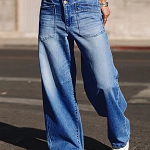 Dames High-Waisted Wide-Leg Jeans - Casual Straight-Leg Denim Broek met Knopsluiting, Medium Stretch, Lichtblauwe Gewassen Finish, Perfect voor Casual Attire, High Waisted Jeans