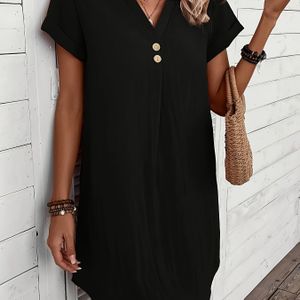 Elegant Black V-neck Dress With Button Detail, Batwing Sleeves, And Flared Hem - , Women's Fashion, Casual | Flared Hem Dress | Polyester Fabric