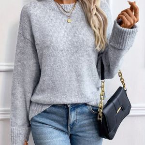 Elegante Crew Neck Trui voor Vrouwen - Kleur Polyester Brei Jersey, Herfst/Winter Collectie