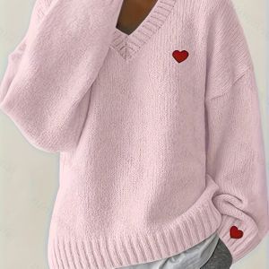 Elegante dames trui met hartjes - Zachte V-hals lange mouwen winter trui, comfortabele casual tot formele outfits, machinewasbaar
