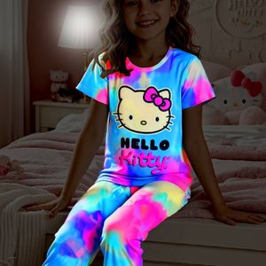 Voor Kitty Figuur (Fluorescerende Effect) Vlamvertragende Dames Korte Mouw Pyjama + Strikje Print Lange Broek Thuis Kleding Twee-Delige Set
