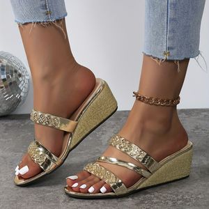 Dames Sandalen Met Versierde Strass Wig, Pailletten Open Teen Instappers, Modieuze Zomerse Buitenslippers