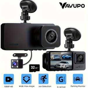 Vavupo 1080P Dash Cam, 2&3 Kanaals Dash Cam Voor en Binnen, Drievoudige Dash Cam voor Auto, Dashboardcamera, 1080P Volledig UHD, , 170° Hoek met Infrarood Nachtzicht