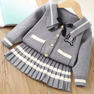 Meisjes Trui Rok Set Herfst en Winter College Stijl Gebreide Badge Strik Zak Geplooide Jurk Tweedelige Pak