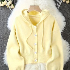 Vrouwen's Elegante Witte Capuchon Cardigan - Medium Stretch Trui met Knoopsluiting, Lange Mouw Pullover voor Casual & Formele Outfits, Veelzijdige Top, Comfortabel Materiaal, Stijlvolle Dames