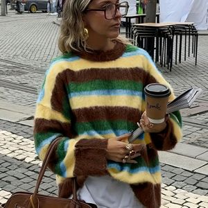 Dames Knus Gestreepte Trui - Lange Mouw Ronde Hals Pullover met , Geel, Groen, Rood, Roze, Oranje,