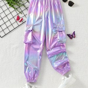 Meisjes Stijlvolle & Coole Holografische Joggingbroek met Klepzak voor Lente & Herfst, Perfect voor Buiten