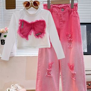 Herfst Meisjes Lange Mouw Patchwork Strik Parel Denim Broek Tweedelige Set voor Middelgrote tot Grote Maten, Perfect voor Buiten