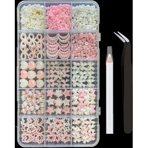 3D Nagelcharms voor Coquette Nails Design Set 3: Witte & Roze Strikken + Assortiment Hart Ster Striktjes, Schattige Nagelsieraden met 3D Bloemen en Inclusief Bevestigingstang & Puntboorpen
