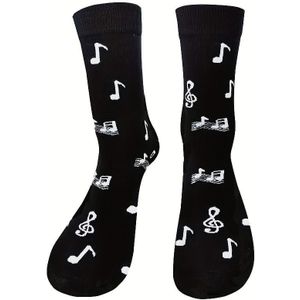 1 Paar Muzieknoten & G-sleutel Sokken - Zwart met Witte Muzikale Symbolen, Unisex Enkelsokken voor Stellen, Machinewasbare Casual Streetwear Mode, Grappige Accessoires, Speelse Ontwerp