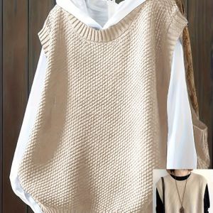 Plus Size Casual Kleur Ronde Hals Vest - Marineblauw, Machinewasbaar, Essentieel voor Laagseizoen/Lente Layering, Ademend Open Voorkant Ontwerp, Getextureerde Gebreide Kleding