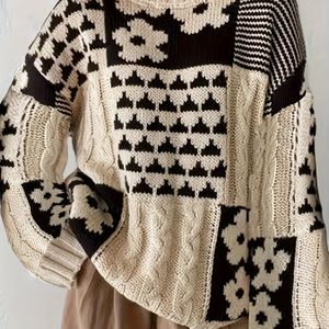 Plus Size - Dames Plus Size Elegante Geometrische Trui - Lange Mouw Ronde Hals Pullover, Beige & Zwart, Medium Stretch, Herfst/Winter Mode, Casual Wear|Ronde Hals Trui|Stretchy Stof