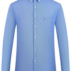 Heren katoenmix overhemd, casual reverskraag, kleur zonder stretch, lange mouw, geborduurd enkelrijig knoopsgat, regular fit, voor lente/herfst - Geweven Oxford stof