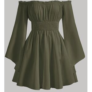 Stijlvolle Off-Shoulder Jurk met voor Vrouwen - Chique Klokkenmouwen, Groene A-Lijn Mini met Getextureerde Taille Detail, Polyester, Machinewasbaar - Perfect voor Lente/Zomer/Herfst Evenementen