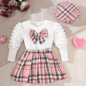 3-delige Baby Meisjes Strik Bubble Mouw Top met Geplooide Rok en Hoed | Preppy Stijl, Ideaal voor Dagelijks Gebruik en Buitenactiviteiten, Perfect Cadeau voor Schoolseizoen, voor Buiten