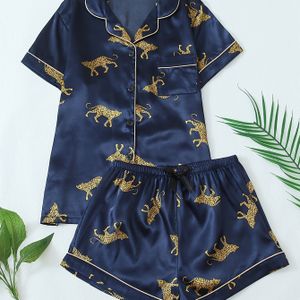 Vrouwen Luipaard Print Satijn Casual Pyjama Set, Korte Mouw Knopen Revers Top & Shorts, Comfortabele Ontspannen Pasvorm