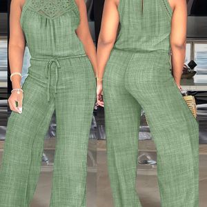 Vrouwen Casual Halterneck Wijdpijp Jumpsuit - Lichtgewicht 100% Polyester met Kantdetails & Trekkoord Taille, Blauwe Lente/Zomer Outfit voor Strand en Casual Uitjes