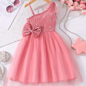 Roze Mouwloze A-lijn Feestjurk met Versierde Bovenkant & Strik - Asymmetrische Korte Band Zomerjurk, Pluizig Mesh voor Verjaardagen, Schooloptredens, - Wasmachinebestendig