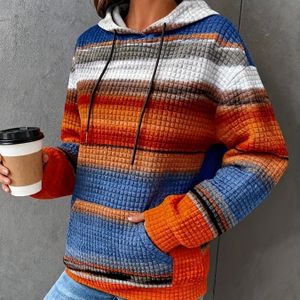 Plus Size, Dames Oversized Regenboog Gestreepte Hoodie - Overmaatse Trui met Capuchon en Trekkoord & Voorzakje voor Comfortabele Winterwarmt