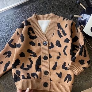 Jongens' Luipaardprint Gebreide Vest - Dikke Warme V-Hals Lange Mouw met Zwarte Knopen, Machinewasbaar Casual Herfst & Lente Buitenkleding, Kinderen's Winterkleding