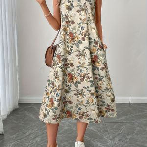 Women's A-line Sleeveless Round Neck Floral Print Dress - Elegant Fitted Silhouette, Machine Washable, Versatile For Casual & Formal Occasions, No Stretch Fabric