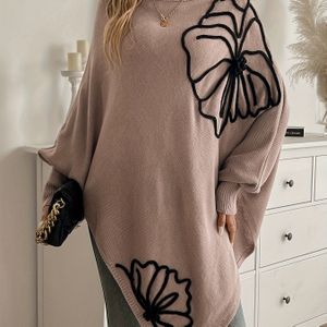 Bloemenpatroon gebreide poncho, elegante zakdoekzoom pullover met ronde hals voor herfst en winter, dameskleding.