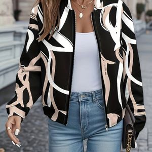 Chique Damesjas - Zwart/Beige/Wit, Stand Collar Blazer voor Kantoor en Formele Gelegenheden - Wasmachinebestendig Buitenkledingstuk - Elegante Dameskleding, Herfst Laagjesjasje