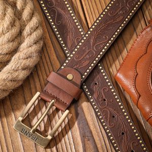 BH Vintage Western Style Alloy Leather Belt, Gegraveerd Ontwerp, Vierkante , voor Heren, Dames en Jongeren, Casual Mode Accessoire, Western Belt