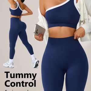 1-delige dames workout set met hoge taille en buikcontrole - Stretchy, color- met roze & marineblauw, lange lengte, No, perfect voor fitness & training in de herfst/winter, workout kleding