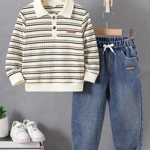 2 stuks Jongens Casual Gestreepte Trui met Lange Mouwen en Jeans Set voor Sport, Dagelijks Gebruik, School, Buiten Lente/Herfst Seizoen, Ideaal voor Outdoor