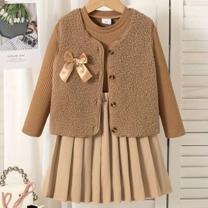 Meisjes Casual Uitgaansmode Kleur Vesttop met Strikversiering en Lange Mouwen Overhemd met Geplooide Rok Driedelige Set voor Lente/Herfst Seizoen, Perfect voor Buiten