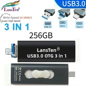 Lansten USB 3, 0 Foto Stick 32GB/64GB/128GB/256GB 3in 1 Hoge Snelheid Flash Drive voor Telefoons Type C/USB C met 3 Poorten (USB C, microUSB, USB-A)