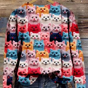 Bonte kattenpatroontrui met ronde hals, casual trui met lange mouwen voor herfst en winter, dameskleding