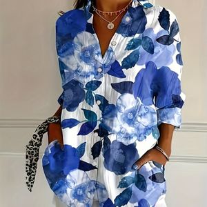 Women's Plus Size Floral Print Long Sleeve Casual Blouse - Lightweight Polyester, Button-up Lapel Collar, And For Spring/fall, Floral Print Blous