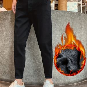 Heren Slim-Fit Dikke Fleece-Gevoerde Jeans - Casual Rechte Pijp Denim voor Herfst/Winter, Machinewasbaar