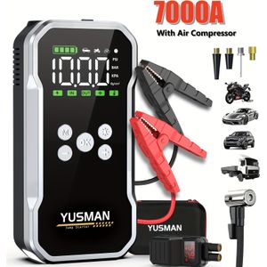 Yusman 7000a Car Jump Starter 21800mah With 150psi Air Compressor - 12v Emergency Booster For All Gas/10l Engines (-20°c), 4-in-1 Portable Kit With Led Light, Lcd Display & Clamps